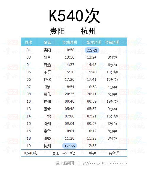 貴陽至杭州K540次列車時(shí)刻表