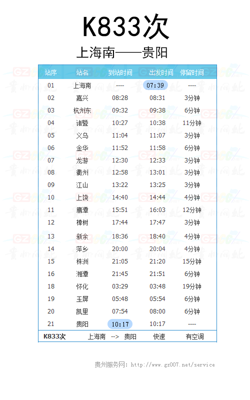 上海南至貴陽K833次列車時(shí)刻表