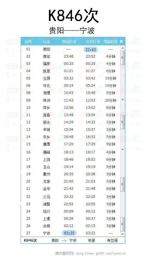 貴陽(yáng)至寧波K846次列車(chē)時(shí)刻表